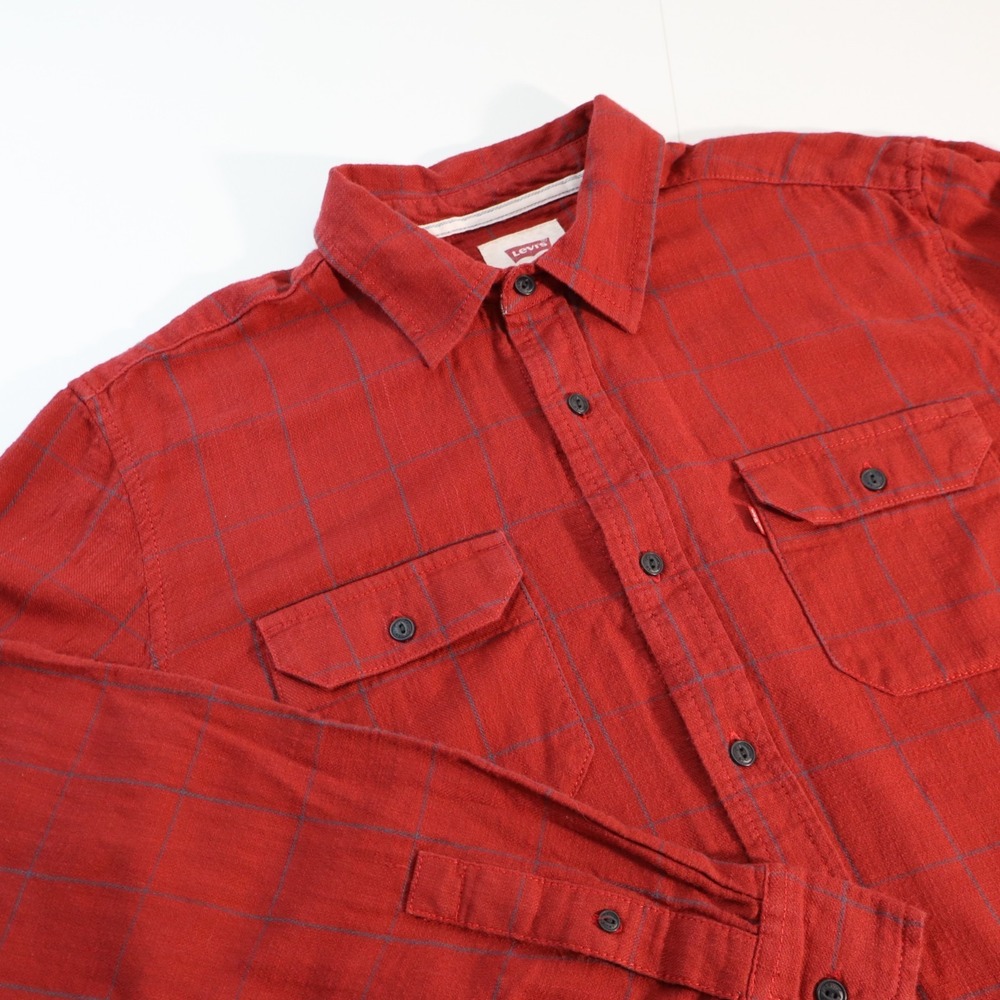 Levis Shirt Mens  M Red Black Plaid Flannel Button Up Long Sleeve Casual Cotton